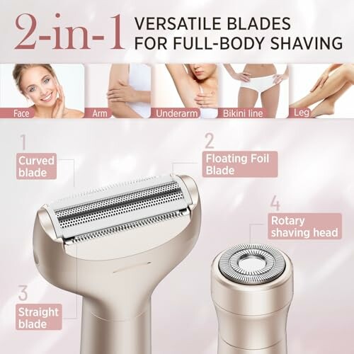 2-in-1 shaving device with curved, straight, and floating foil blades for full-body use.