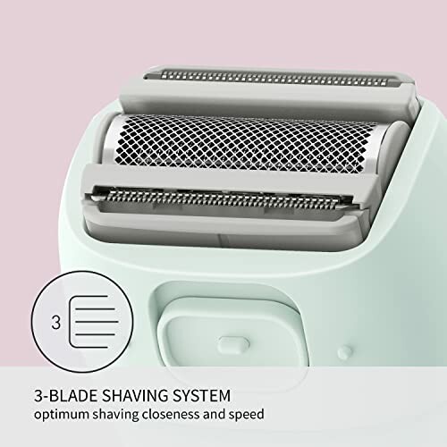 Close-up of a 3-blade shaving system with description.