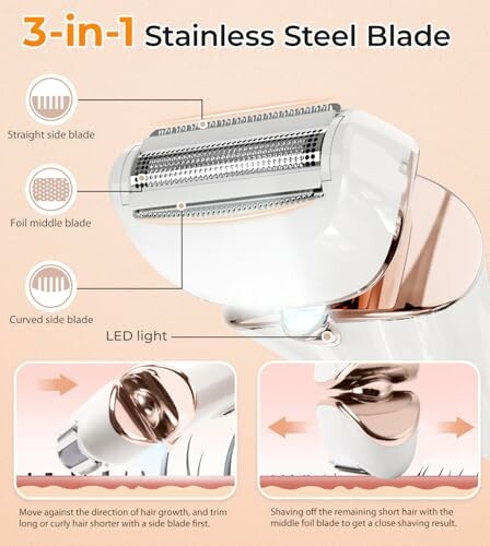 3-in-1 stainless steel blade features straight, foil, and curved side blades with LED light.