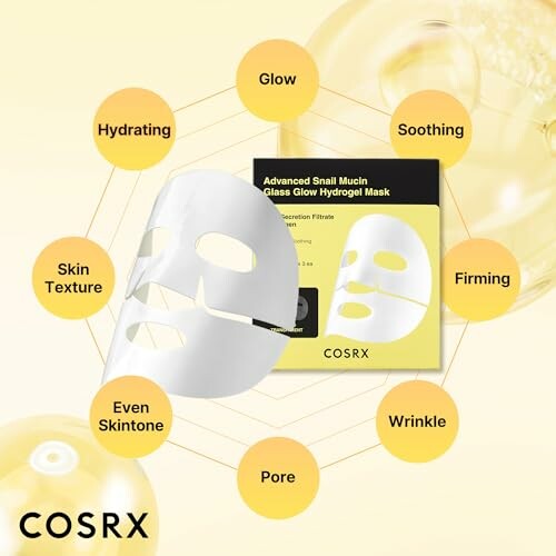 COSRX Advanced Snail Mucin Glass Glow Hydrogel Mask in use with glowing skin after application.