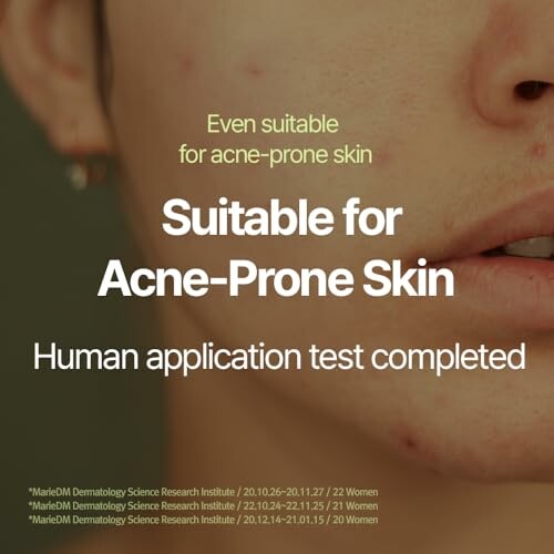 Ad for acne-prone skin product with human test completion.