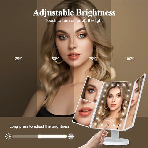 Woman using an adjustable brightness makeup mirror with touch controls.