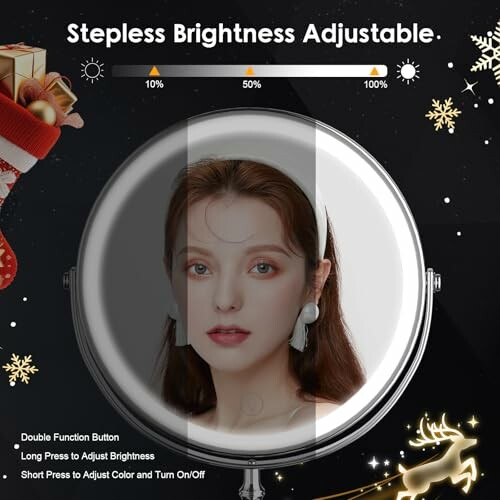 Makeup mirror with stepless brightness adjustment feature.