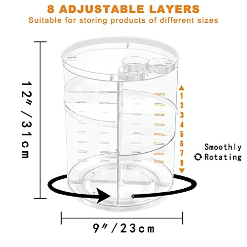 Clear rotating organizer with 8 adjustable layers, 12 inches tall and 9 inches wide.