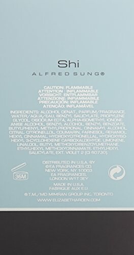 Label of Alfred Sung Shi perfume with ingredients and warnings.