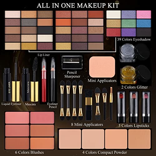 Comprehensive all-in-one makeup kit with eyeshadows, eyeliners, lipsticks, blushes, and applicators.