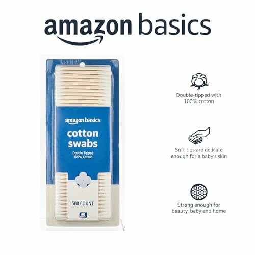 Amazon Basics cotton swabs package with product features