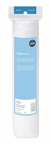 Amazon Basics cotton rounds with product features.