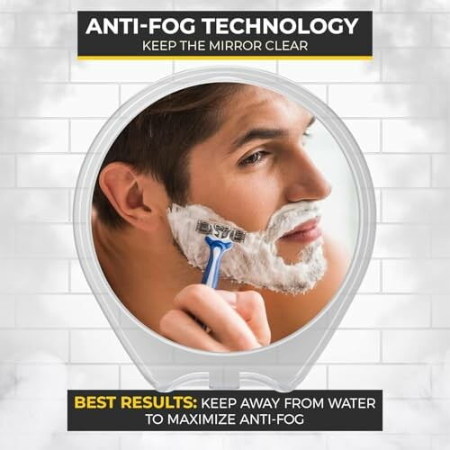 Man shaving in anti-fog mirror.