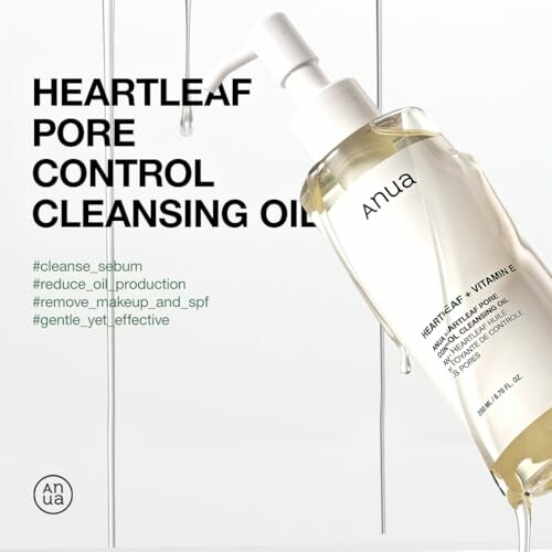 Anua Heartleaf Pore Control Cleansing Oil bottle with skincare benefits listed.