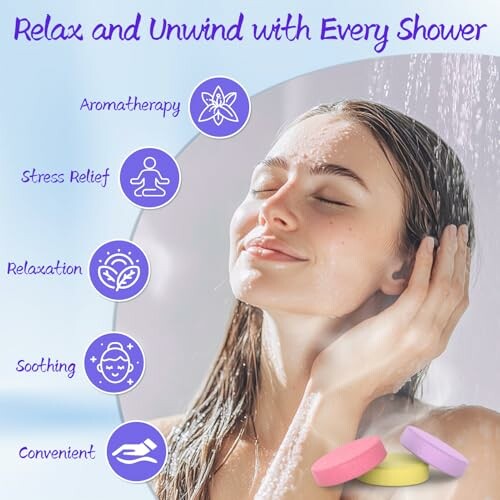 Woman enjoying aromatherapy shower with benefits listed: stress relief, relaxation, soothing, convenient.