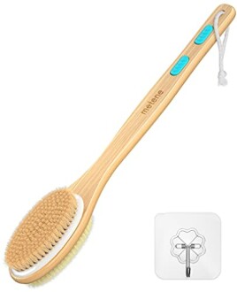 Bamboo bath brush with long handle and detachable head.