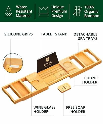 Bamboo bath caddy tray with silicone grips, tablet stand, detachable spa trays, wine glass holder, phone holder, and free soap holder.