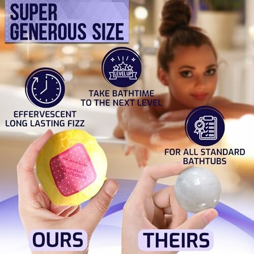 Comparison of large effervescent bath bomb with smaller standard bath bomb.