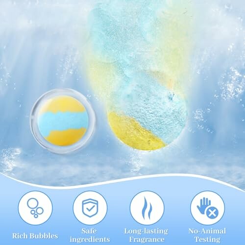 Colorful bath bomb dissolving underwater with benefits icons.