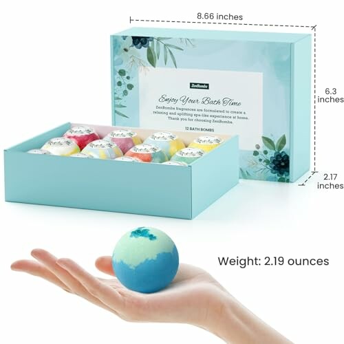 Box of 12 colorful bath bombs with hand holding one.