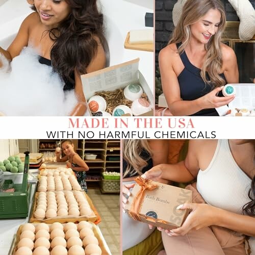 Women enjoying and displaying bath bombs with no harmful chemicals.