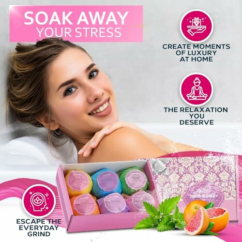 Woman relaxing with bath bombs and luxury bath set.