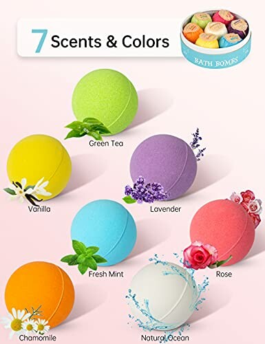 Seven colorful bath bombs with different scents including green tea, vanilla, lavender, fresh mint, rose, chamomile, and natural ocean.