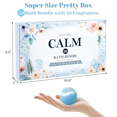 Hand holding a blue bath bomb in front of a box labeled 'Calm' with floral design.