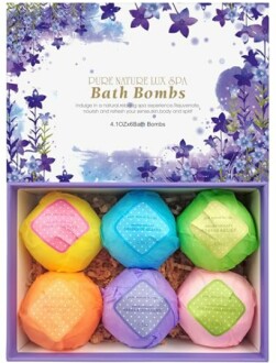 Set of six colorful bath bombs in a floral-themed box.