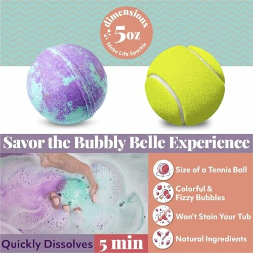 Colorful bath bombs in tennis ball size with fizzing action.