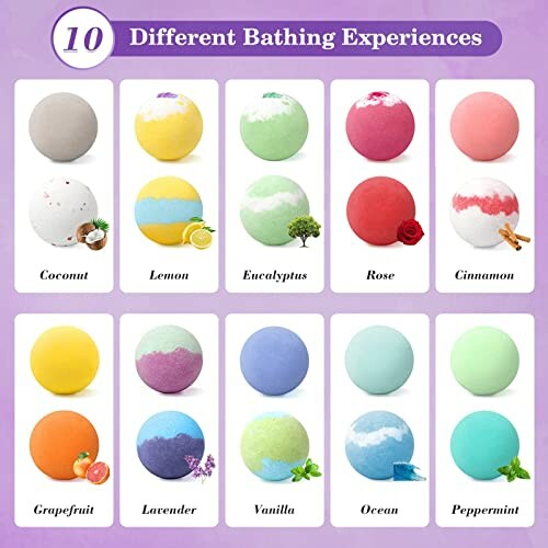 Different bath bombs with various scents and colors.