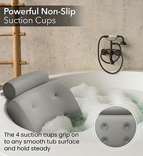 Bath pillow with powerful non-slip suction cups in a bathtub.