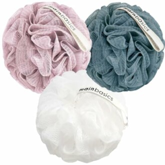 Set of three bath shower loofahs in pink, gray, and white.