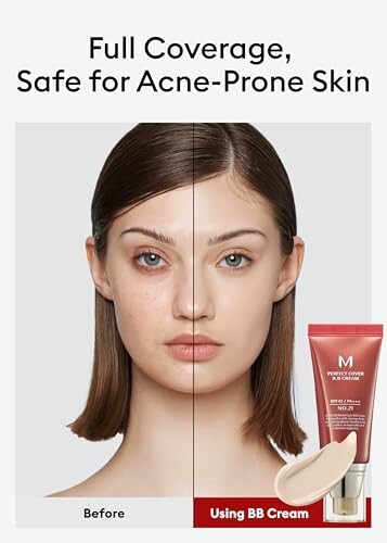 Before and after using BB cream on acne-prone skin