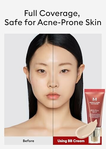 Before and after using BB cream on acne-prone skin