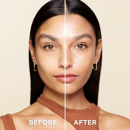 Side-by-side comparison of a woman's face before and after makeup application.