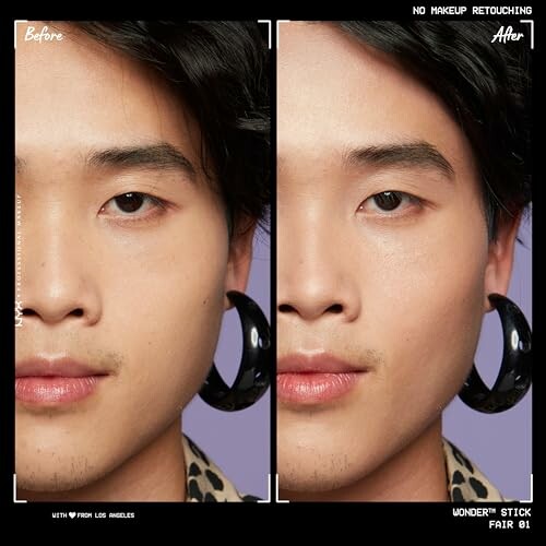 Before and after makeup comparison showing subtle skin changes.