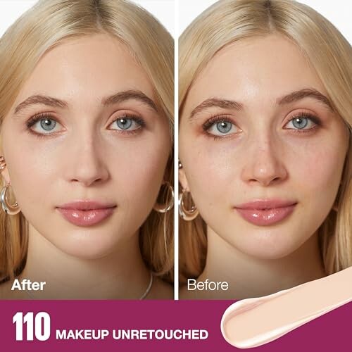 Side-by-side comparison of a woman's face before and after makeup application.