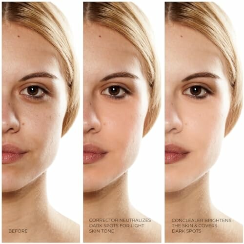 Comparison of a woman's face before and after makeup correction showing dark spot neutralization and coverage.