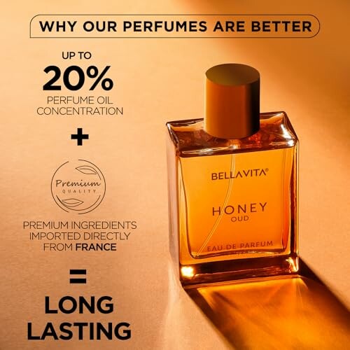 Bellavita Honey Oud perfume bottle with benefits description