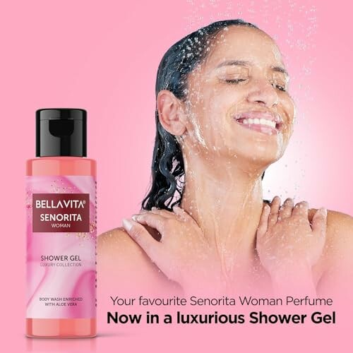 Woman enjoying shower with Bellavita Senorita shower gel.