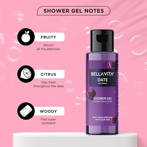 Bellavita Date shower gel with fruity, citrus, and woody notes.