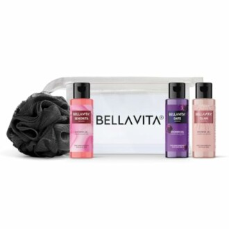 Bellavita shower gel set with three bottles and a black loofah.