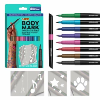 BIC BodyMark temporary tattoo markers with stencils and colorful markers.