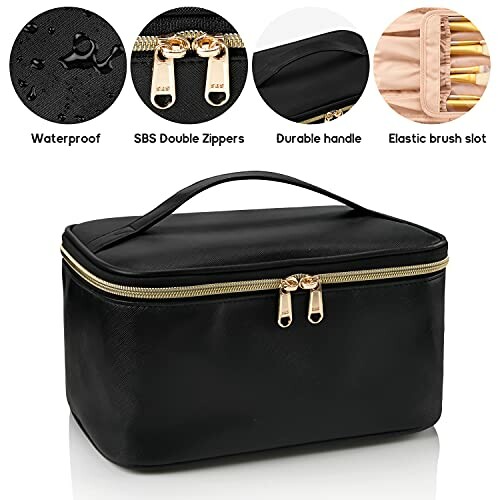 Black cosmetic bag with waterproof material, SBS double zippers, durable handle, and elastic brush slot.