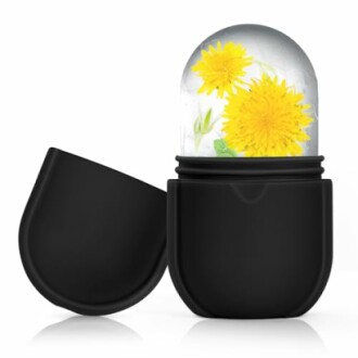 Black lip balm container with dandelion design inside the cap