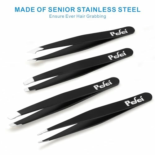 Set of black stainless steel tweezers with text 'Made of Senior Stainless Steel'.