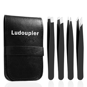 Set of black tweezers with a leather case.