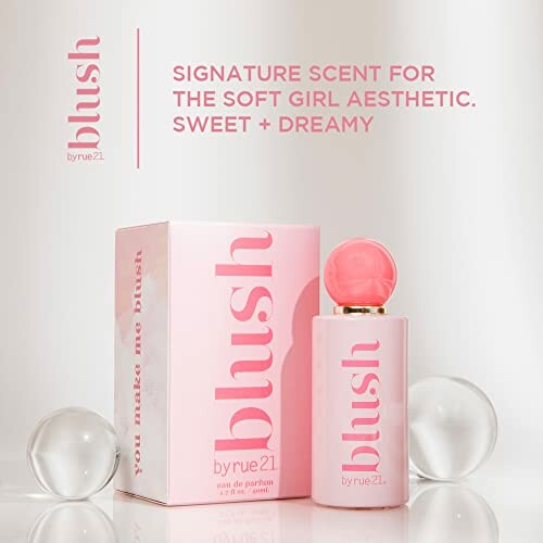 Blush perfume bottle and packaging with soft girl aesthetic.