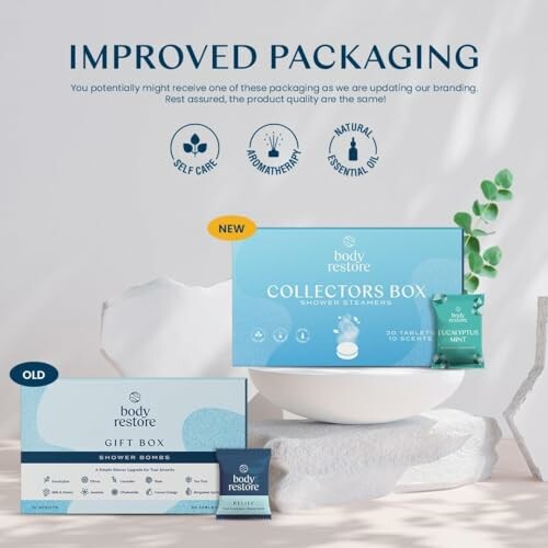 Body Restore improved packaging for shower steamers and gift box.