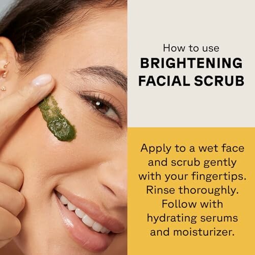 Woman applying brightening facial scrub with instructions.