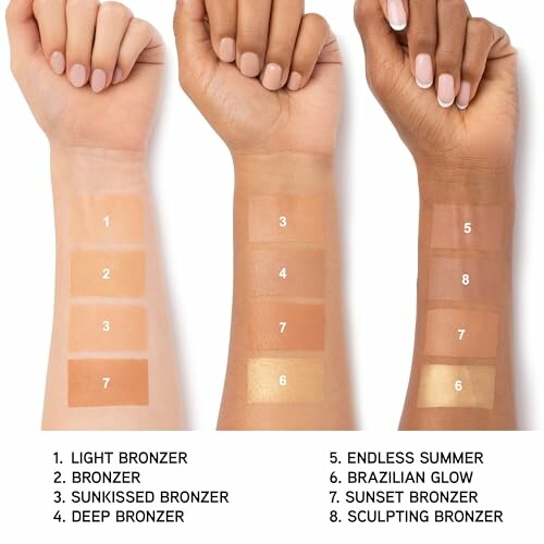 Three arms showing different bronzer shades with labels.