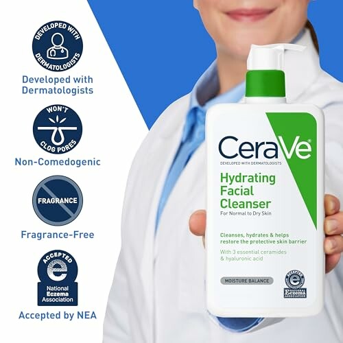 CeraVe Hydrating Facial Cleanser bottle held by person in lab coat, highlighting dermatologist approval, non-comedogenic, fragrance-free, and NEA acceptance.