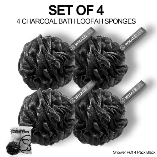 Set of 4 charcoal bath loofah sponges.